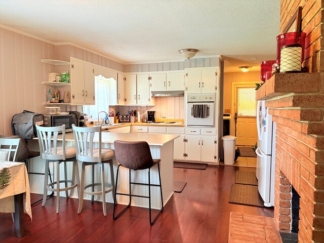 kitchen with white oven, under cabinet range hood, a sink, crown molding, and dark wood-type flooring