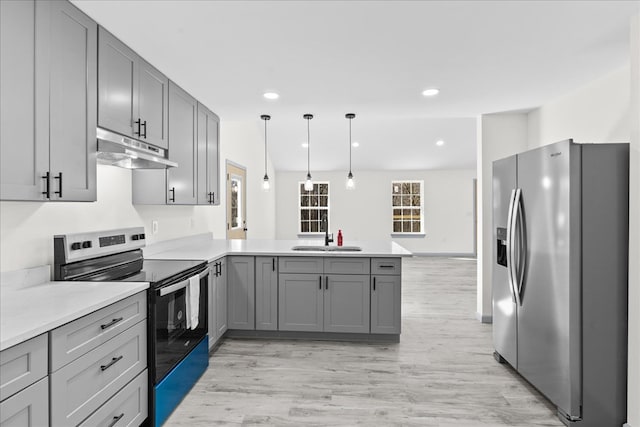 kitchen with appliances with stainless steel finishes, decorative light fixtures, sink, gray cabinetry, and kitchen peninsula