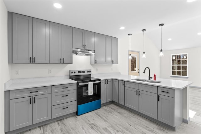 kitchen with stainless steel electric range oven, kitchen peninsula, sink, and gray cabinetry