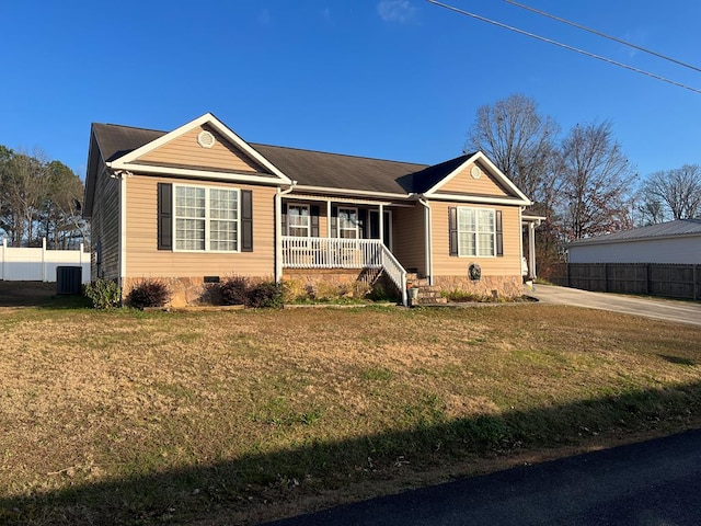 single story home with a porch, central AC unit, and a front lawn