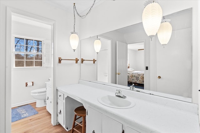 bathroom with hardwood / wood-style flooring, vanity, and toilet