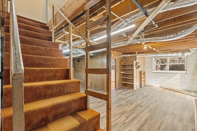 basement with hardwood / wood-style flooring