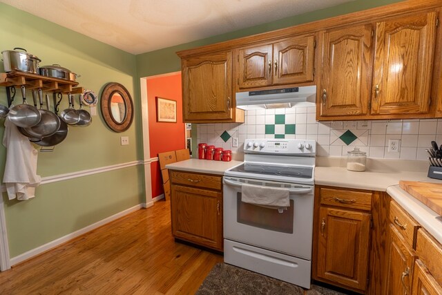 639 Mount View Dr, Tunnel Hill, GA 30755 - kitchen with white electric range, under cabinet range hood, light wood-style flooring, and tasteful backsplash