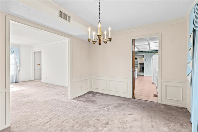 608 Brookview Ln, Dalton, GA 30720 - carpeted empty room featuring a chandelier, a decorative wall, ornamental molding, and wainscoting