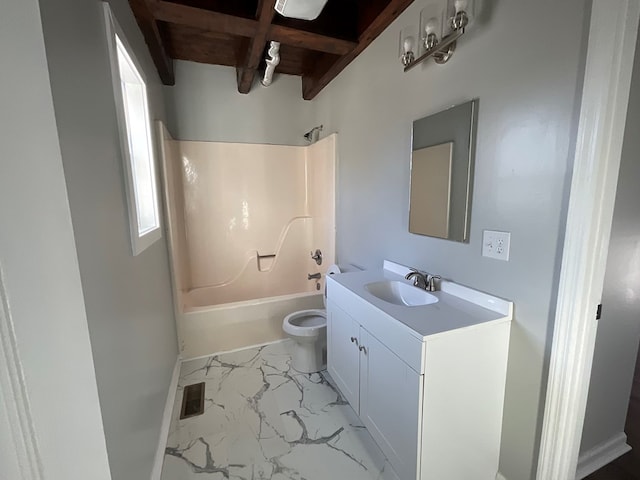 full bathroom with shower / washtub combination, vanity, beam ceiling, and toilet