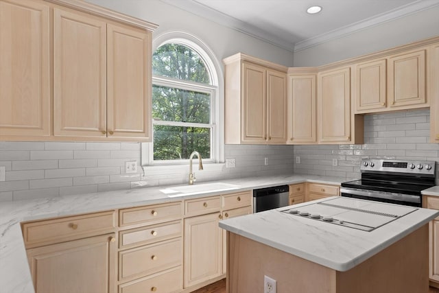 2001 Eagle Point Dr, Dalton, GA 30720 - kitchen with appliances with stainless steel finishes, a sink, light brown cabinets, plenty of natural light, and crown molding