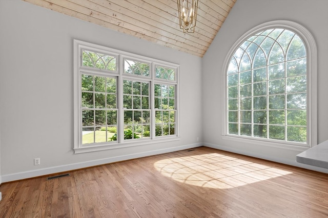 2001 Eagle Point Dr, Dalton, GA 30720 - unfurnished room with baseboards, wood finished floors, vaulted ceiling, a chandelier, and wooden ceiling