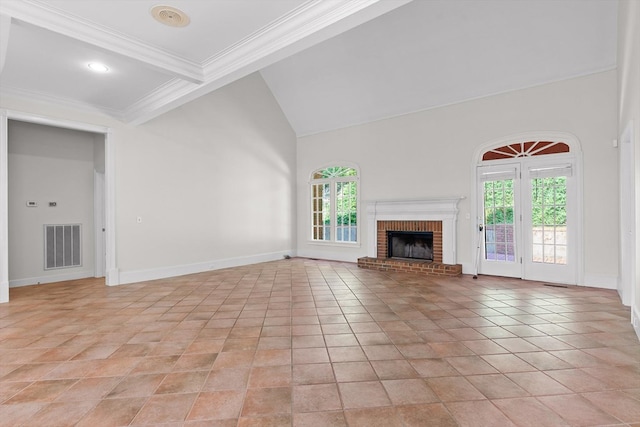 2001 Eagle Point Dr, Dalton, GA 30720 - unfurnished living room featuring a brick fireplace, ornamental molding, vaulted ceiling, baseboards, and light tile patterned floors