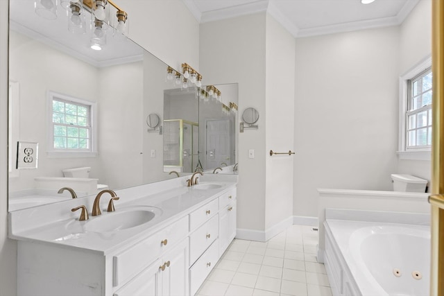 2001 Eagle Point Dr, Dalton, GA 30720 - bathroom featuring toilet, crown molding, a tub with jets, double vanity, and tile patterned floors