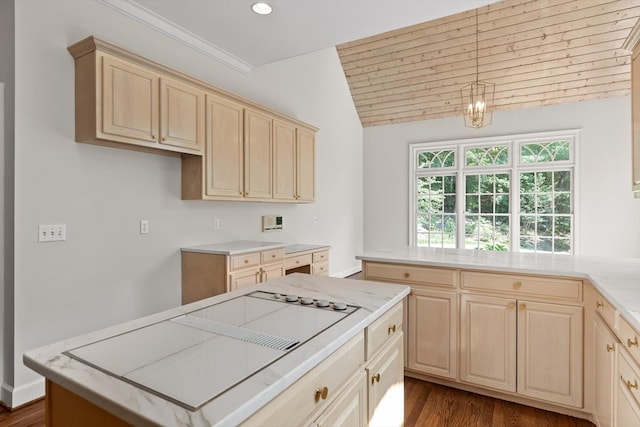 2001 Eagle Point Dr, Dalton, GA 30720 - kitchen featuring light brown cabinets, dark wood finished floors, lofted ceiling, a center island, and recessed lighting