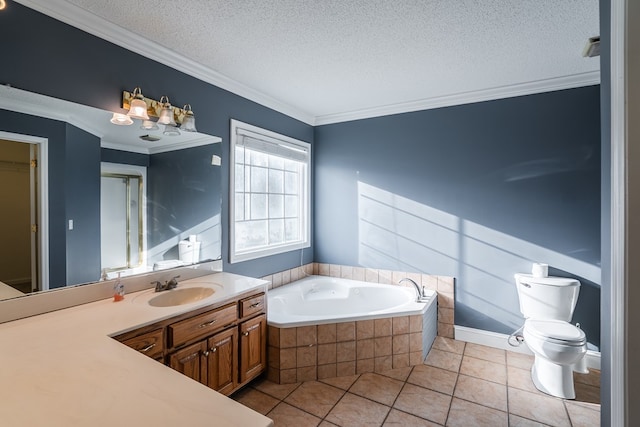 bathroom featuring tile patterned floors, a textured ceiling, a garden tub, and ornamental molding