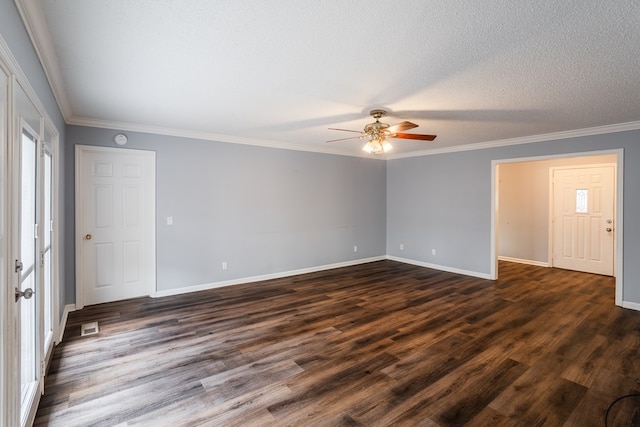 unfurnished room featuring crown molding, dark wood-type flooring, and ceiling fan