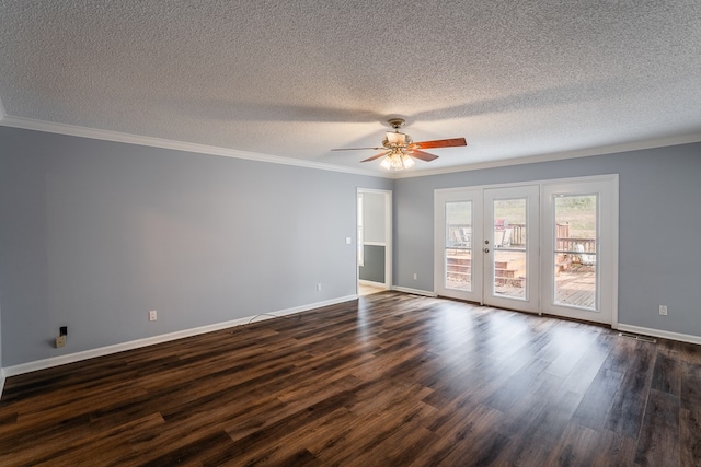 spare room with crown molding, french doors, dark wood-style flooring, and ceiling fan