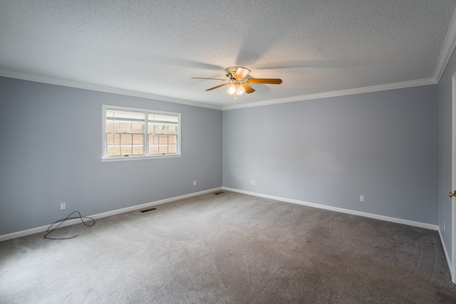 carpeted spare room featuring visible vents, ornamental molding, a ceiling fan, a textured ceiling, and baseboards