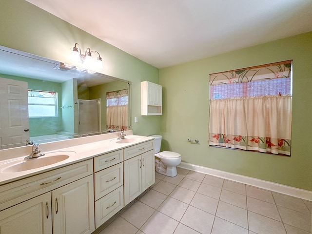 full bathroom with independent shower and bath, vanity, tile patterned flooring, and toilet