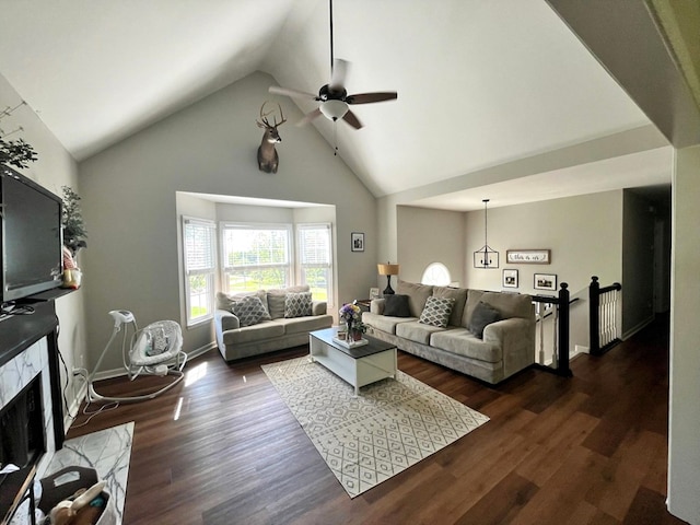 41 Magnolia Ct, Rydal, GA 30171 - living room with a ceiling fan, dark wood-style floors, high vaulted ceiling, and a high end fireplace
