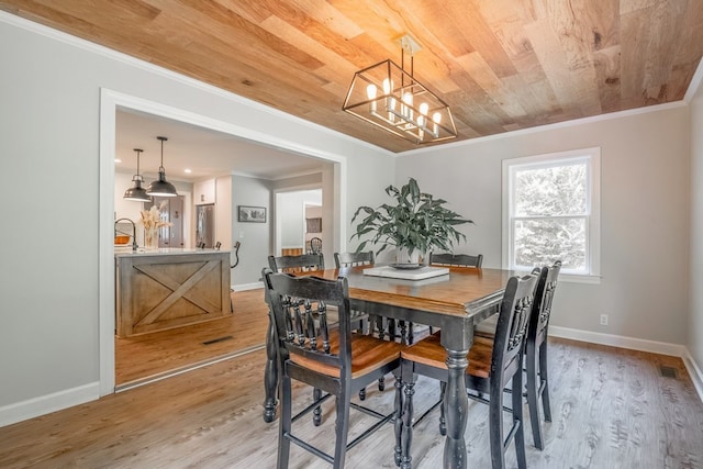 dining room featuring light hardwood / wood-style flooring, a notable chandelier, ornamental molding, and wooden ceiling