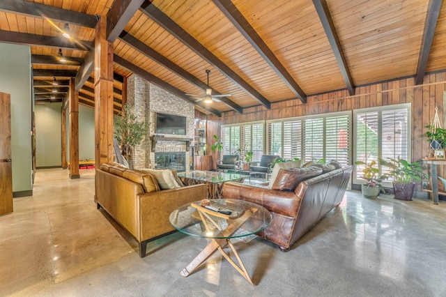 1301 Morton Dr, Dalton, GA 30720 - living area with finished concrete flooring, a fireplace, ceiling fan, wooden ceiling, and wooden walls