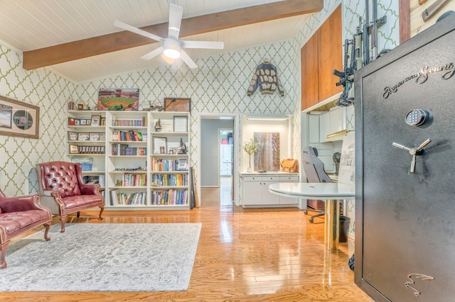 1301 Morton Dr, Dalton, GA 30720 - living area featuring wallpapered walls, light wood finished floors, ceiling fan, and wooden ceiling