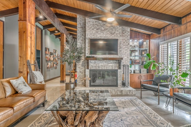 1301 Morton Dr, Dalton, GA 30720 - living room with a ceiling fan, wooden ceiling, a brick fireplace, and wooden walls
