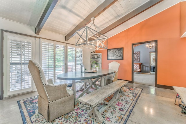 1301 Morton Dr, Dalton, GA 30720 - dining room featuring a chandelier, beam ceiling, wood ceiling, and high vaulted ceiling