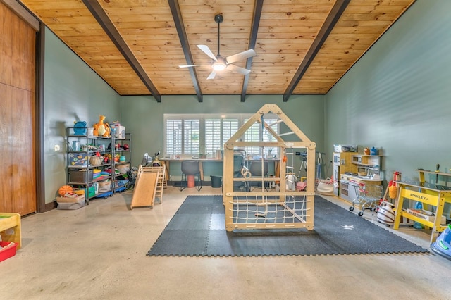 1301 Morton Dr, Dalton, GA 30720 - recreation room featuring wood ceiling, ceiling fan, and concrete flooring