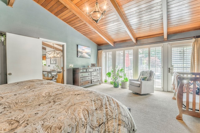 1301 Morton Dr, Dalton, GA 30720 - bedroom with carpet flooring, wood ceiling, access to outside, and a chandelier