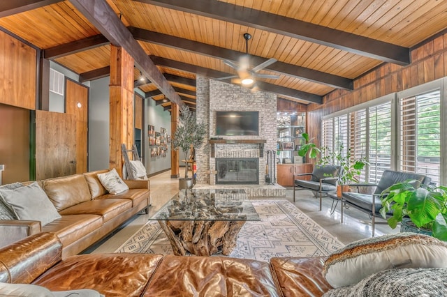 1301 Morton Dr, Dalton, GA 30720 - living area with ceiling fan, a fireplace, and wooden ceiling