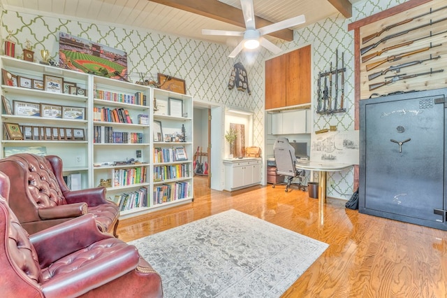 1301 Morton Dr, Dalton, GA 30720 - living area featuring wallpapered walls, beam ceiling, ceiling fan, wood finished floors, and wood ceiling