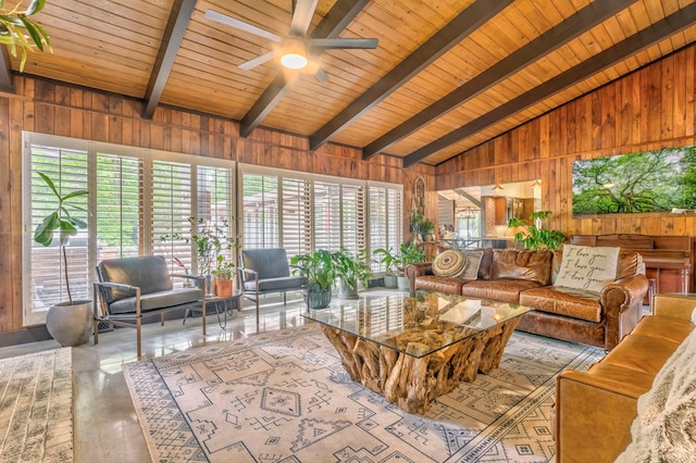 1301 Morton Dr, Dalton, GA 30720 - living room featuring wood walls, a ceiling fan, and wood ceiling