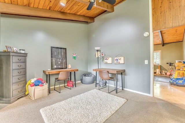1301 Morton Dr, Dalton, GA 30720 - playroom with wood ceiling, beamed ceiling, carpet flooring, a ceiling fan, and baseboards