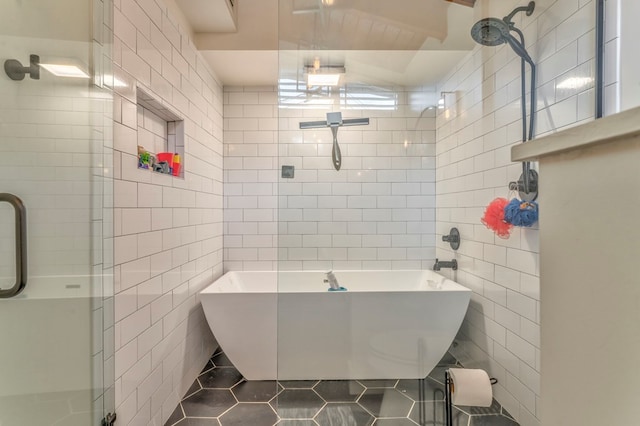 1301 Morton Dr, Dalton, GA 30720 - full bathroom featuring tile patterned flooring, tile walls, an enclosed shower, and a soaking tub