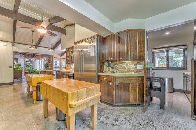 1301 Morton Dr, Dalton, GA 30720 - kitchen featuring decorative backsplash, built in fridge, beam ceiling, ceiling fan, and baseboards