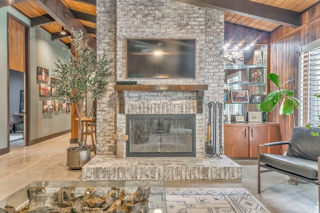 1301 Morton Dr, Dalton, GA 30720 - living area featuring wooden ceiling and a brick fireplace