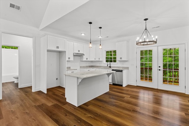 3005 Crystal Mark Ln, Dalton, GA 30721 - kitchen featuring dishwasher, a kitchen island, white cabinets, dark wood finished floors, and recessed lighting