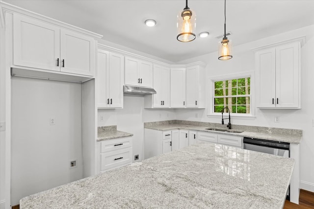 3005 Crystal Mark Ln, Dalton, GA 30721 - kitchen featuring stainless steel dishwasher, white cabinetry, light stone countertops, and under cabinet range hood