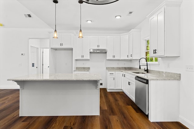 3005 Crystal Mark Ln, Dalton, GA 30721 - kitchen with dishwasher, a kitchen island, white cabinetry, and dark wood-style floors
