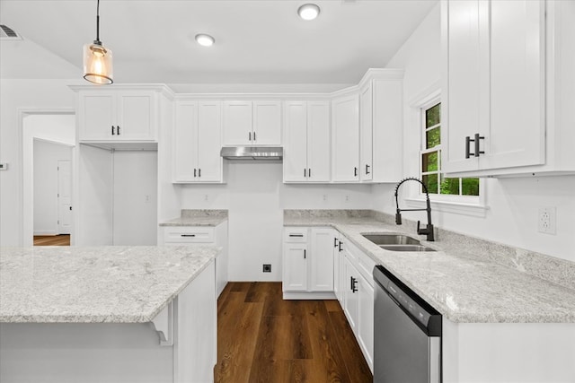 3005 Crystal Mark Ln, Dalton, GA 30721 - kitchen with stainless steel dishwasher, white cabinetry, light stone countertops, and dark wood-style flooring