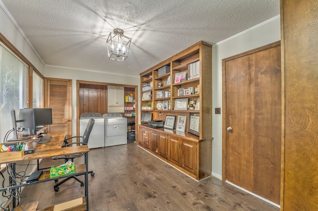 432 Castle Rd, Dalton, GA 30720 - office area with ornamental molding, dark hardwood / wood-style floors, a textured ceiling, and independent washer and dryer