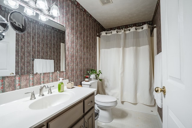 103 Paddle Wheel Ct, Cohutta, GA 30720 - bathroom with wallpapered walls, vanity, toilet, and shower / bath combination with curtain