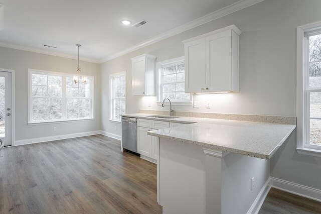 191 Andros Dr, Dalton, GA 30721 - kitchen featuring a sink, stainless steel dishwasher, white cabinetry, a chandelier, and crown molding