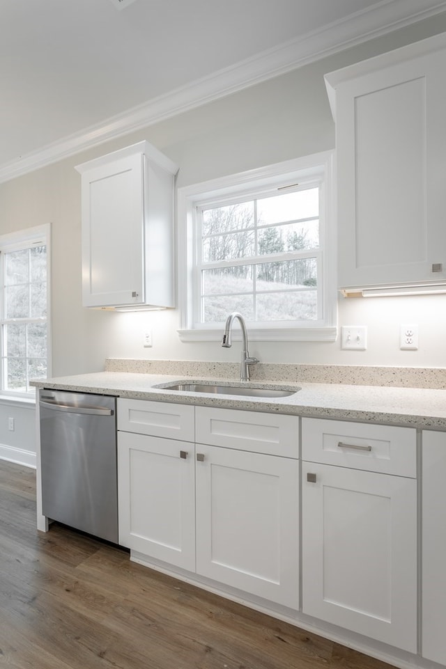 191 Andros Dr, Dalton, GA 30721 - kitchen featuring dishwasher, a sink, ornamental molding, white cabinetry, and light stone counters