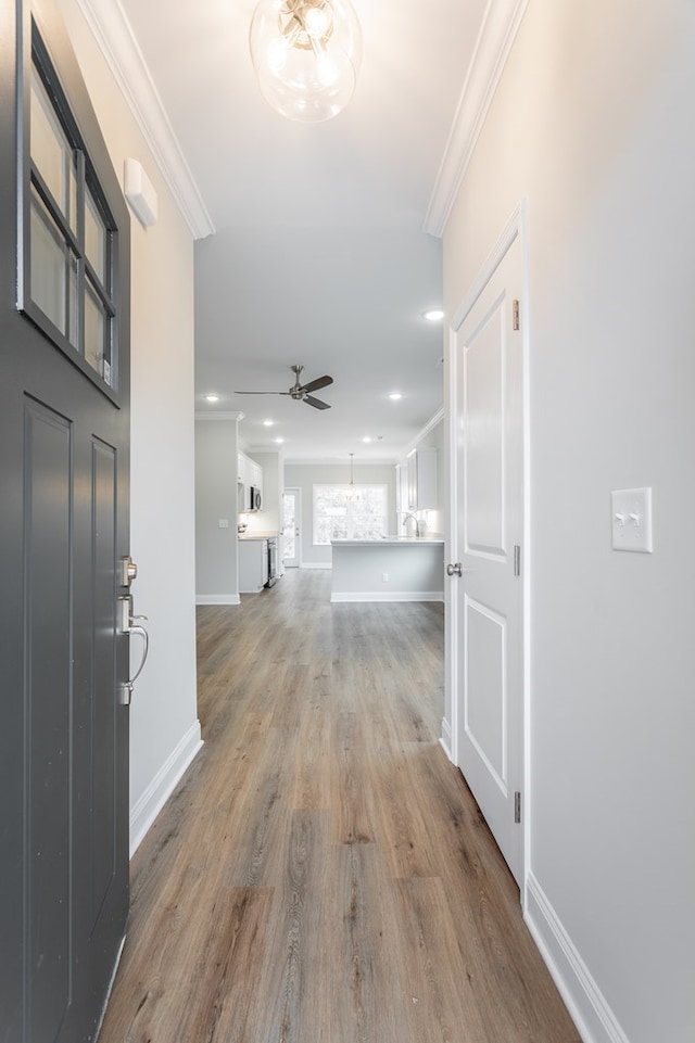 191 Andros Dr, Dalton, GA 30721 - corridor with wood finished floors, ornamental molding, baseboards, and recessed lighting