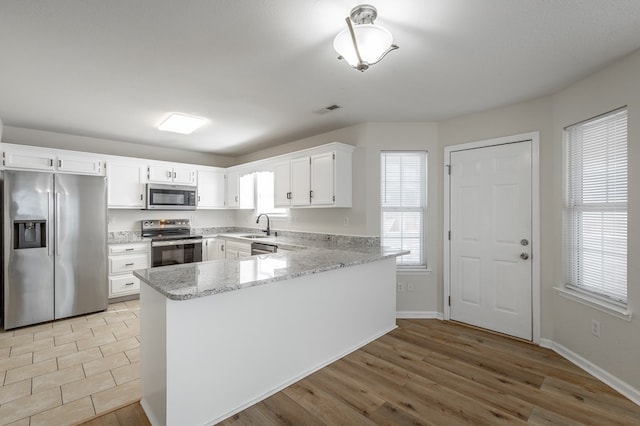 kitchen featuring sink, appliances with stainless steel finishes, white cabinetry, light stone countertops, and kitchen peninsula