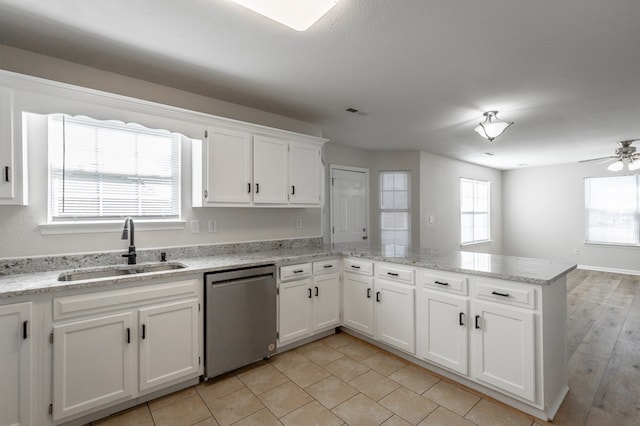 kitchen with sink, dishwasher, ceiling fan, white cabinets, and kitchen peninsula