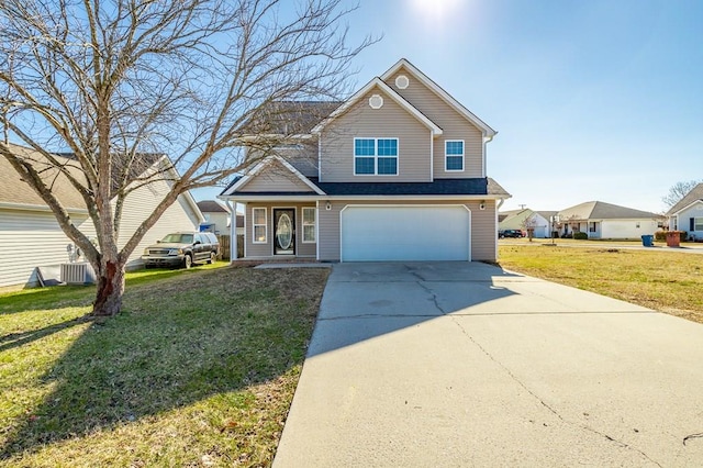 view of front of property featuring central AC, a garage, and a front yard