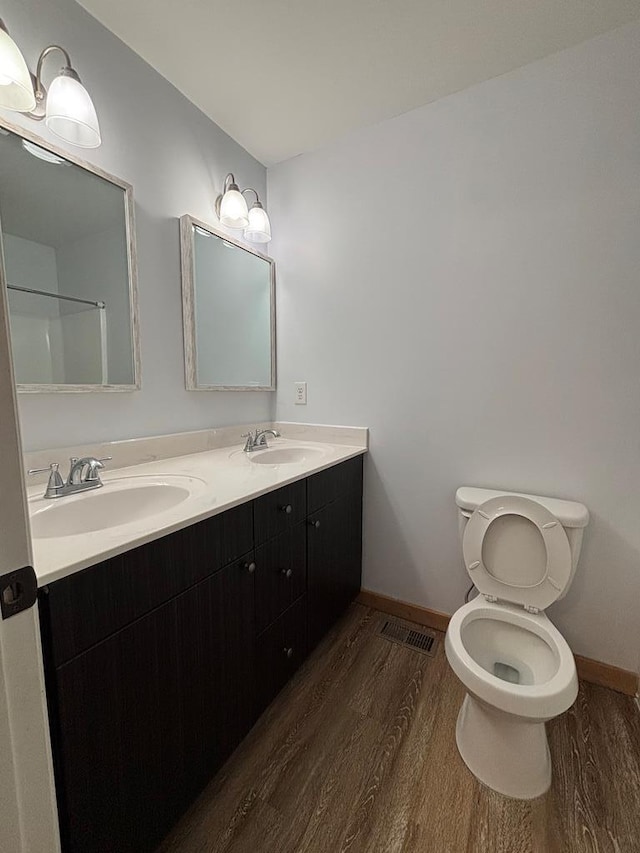 bathroom featuring vanity, wood-type flooring, and toilet