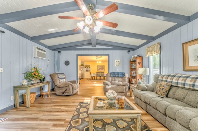 1164 Holly Grove Cir, Dalton, GA 30720 - living room with light wood-style flooring, a wall mounted air conditioner, lofted ceiling with beams, wood walls, and ceiling fan
