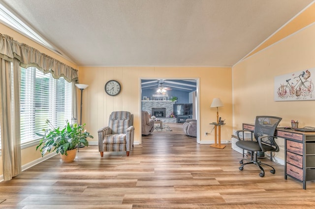 1164 Holly Grove Cir, Dalton, GA 30720 - office featuring lofted ceiling, baseboards, a fireplace with raised hearth, and wood finished floors