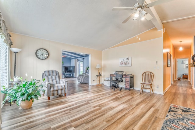 1164 Holly Grove Cir, Dalton, GA 30720 - living area featuring wood finished floors, baseboards, ceiling fan, and vaulted ceiling with beams